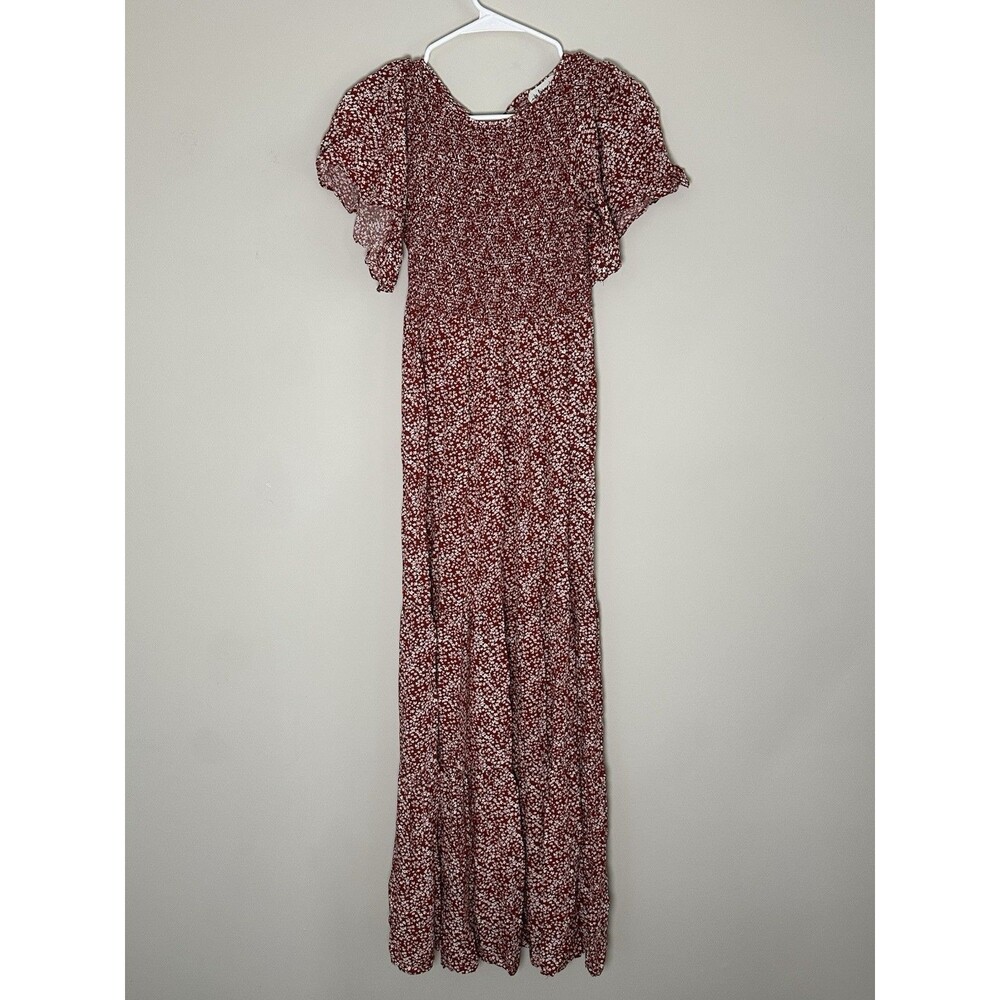 Floral Red Maxi Dress with Ruffled Short Sleeves